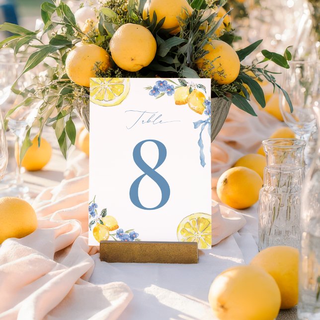 Italian Blue Bow Lemon Wedding 5x7 Table Number Einladung (Von Creator hochgeladen)