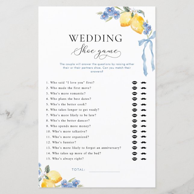 Italian Blue Bow & Lemons Bridal Wedding Shoe Game (Vorderseite)