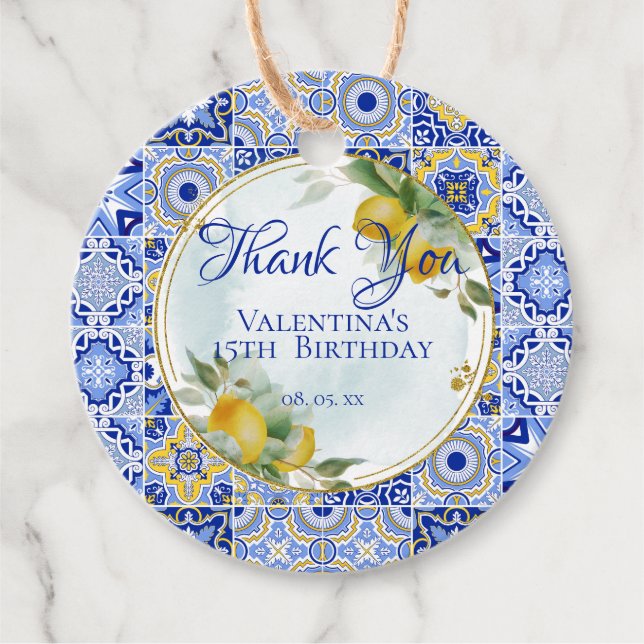 Italian Blue Gold Tiles Lemons Script Vielen Dank Geschenkanhänger (Vorderseite)