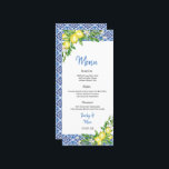 Italian Blue Til Lemon Wedding Reception menu Menükarte<br><div class="desc">Our Blue Tile Amalfi Coast Wedding dinner menu card is perfect for an elegant wedding. The modern rustic yet elegant design feature romantic watercolor flowers and lemons in soft tones of yellow , green, and cream white with blue accents. This menu can be used for a wedding reception, rehearsal dinner,...</div>