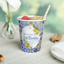 Italian Blue Tiles Lemons Gold Glitzer Frame Party