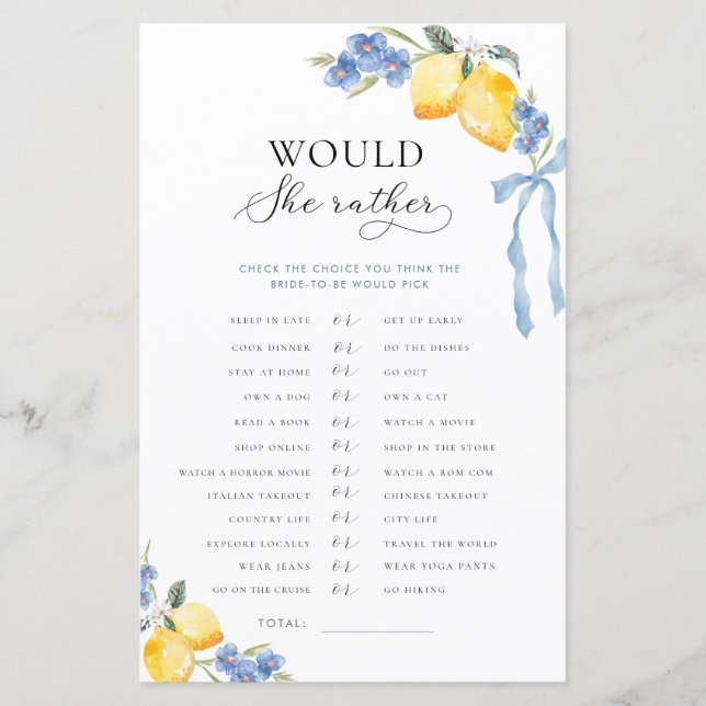 Italian Bow & Lemons Bridal Would She Rather Game (Vorderseite)