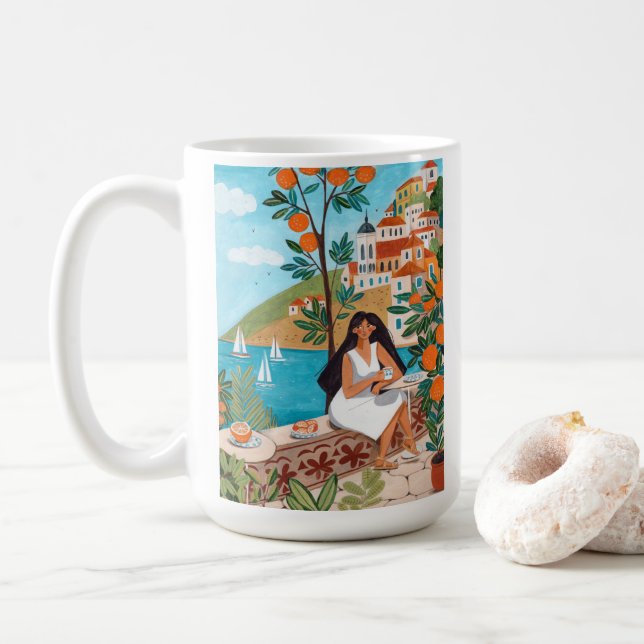Italian Coast Café Scene Illustration Kaffeetasse (Mit Donut)