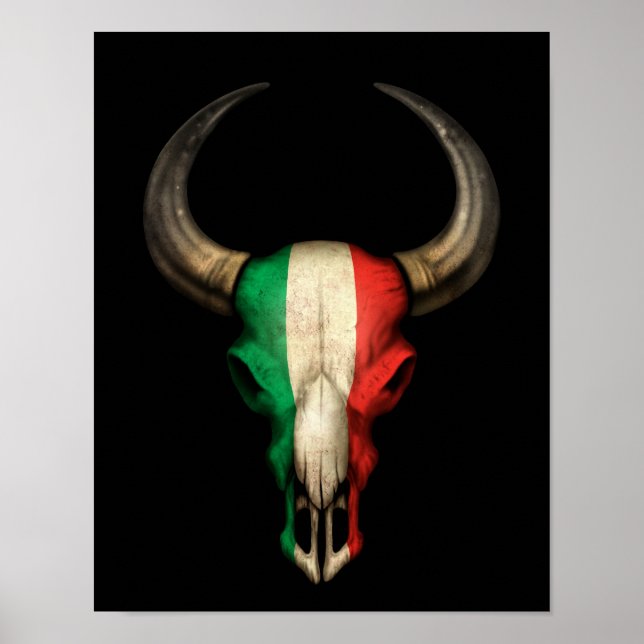 Italian Flag Bull Skull on Black Poster (Vorne)