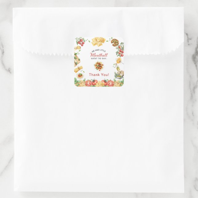 Italian Food Meatball thank you  Baby Shower  Quadratischer Aufkleber (Tasche)
