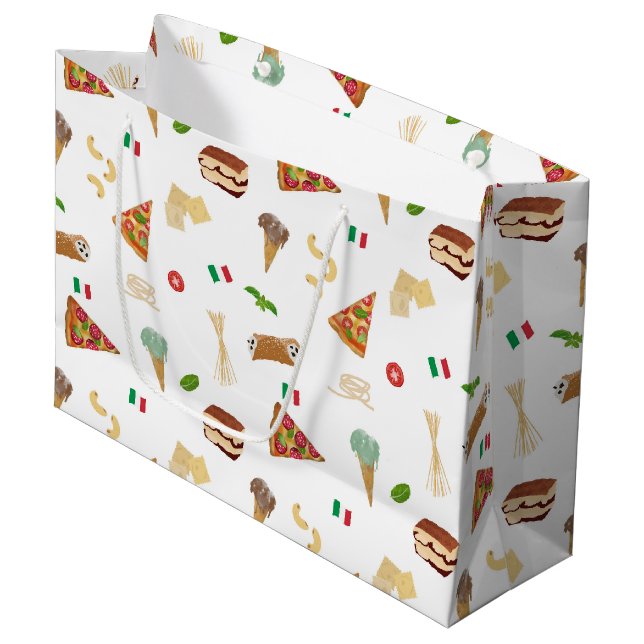 Italian Food Pizza Pasta Tiramisu Pattern Große Geschenktüte (Vorderseite Schrägansicht)
