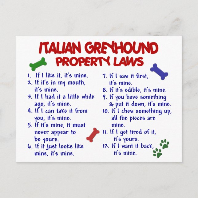 ITALIAN GREYHOUND Property Laws Postkarte (Vorderseite)