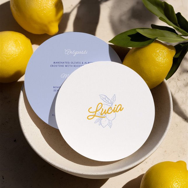 Italian Lemon Round Wedding Place Card & Menu  Einladung (Italian Lemon Round Wedding Place Card & Menu)