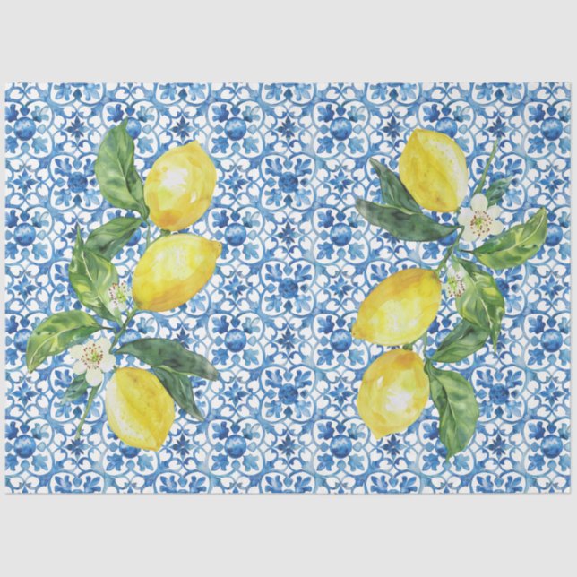 Italian Lemons Blue White Tile Decoupage  Seidenpapier (Vorderseite)