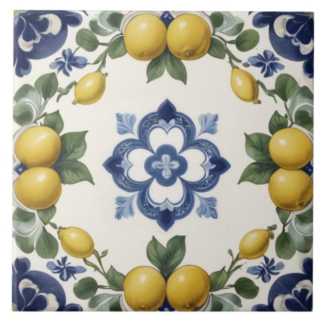Italian Lemons & Citrus Fruit with Blue Clover Fliese (Vorderseite)