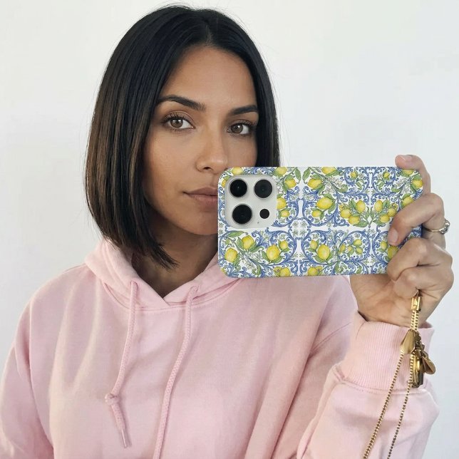 Italian Mediterranean Blue Tile Lemon Pattern iPhone 15 Pro Hülle (Italian Mediterranean Blue Tile Lemon Pattern iPhone 15 Pro Case)