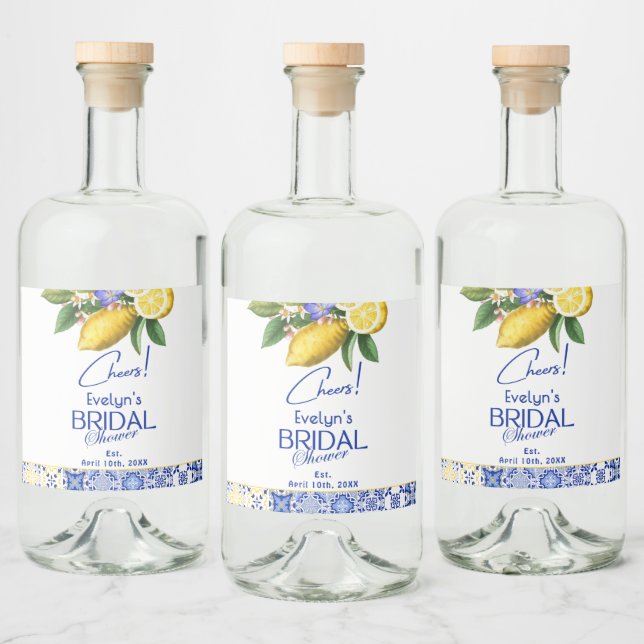 Italian Mosaic Blue Tile & Lemons Bridal Shower Alkoholflaschenetikett (Flaschen)
