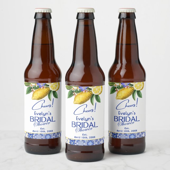 Italian Mosaic Blue Tile & Lemons Bridal Shower Bierflaschenetikett (Flaschen)