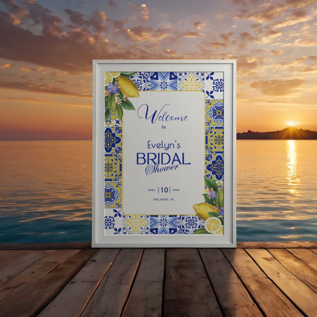 Italian Mosaic Blue Tile & Lemons Bridal Shower Poster (Von Creator hochgeladen)