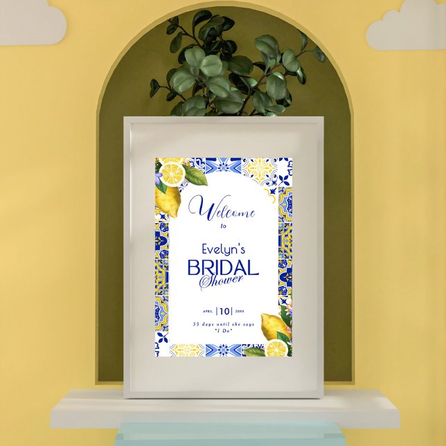 Italian Mosaic Blue Tile & Lemons Bridal Shower Poster (Von Creator hochgeladen)