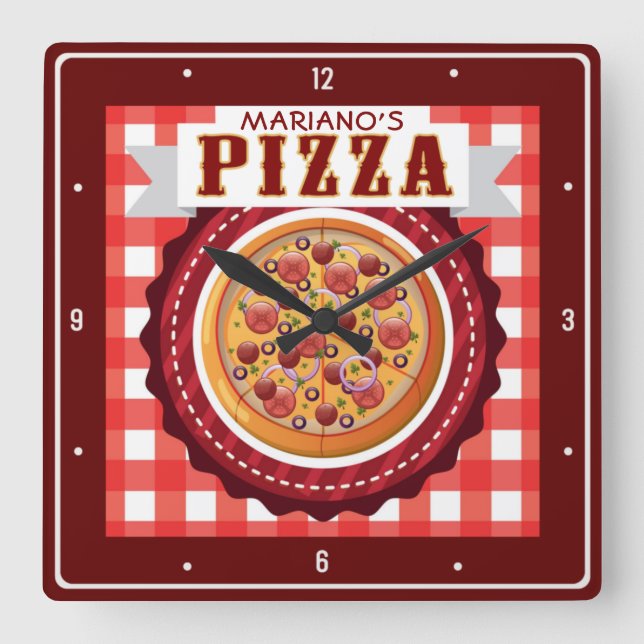 Italian Pizzeria Personalized Pizza Parlor Shop Quadratische Wanduhr (Vorderseite)