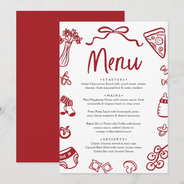 Italian Red Hand Drawn Pizza Pasta Baby Shower Menükarte (Vorne/Hinten)