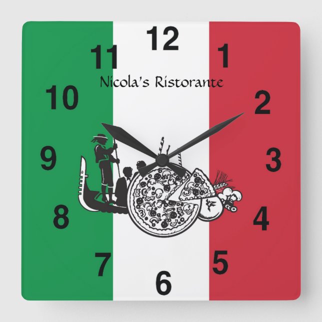Italian Restaurant Pizzaria Clock Quadratische Wanduhr (Vorderseite)