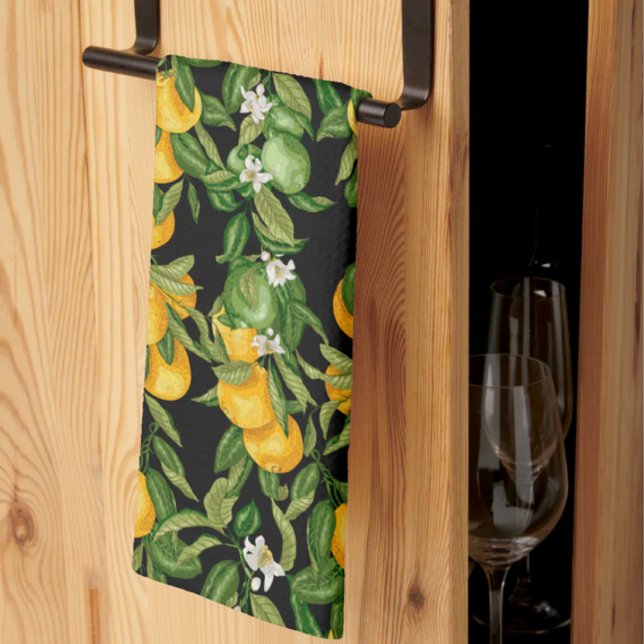 Italian Sicilian Lemon Black Mediterranean Citrus  Geschirrtuch (Lemons and Blossoms Pattern on Black Kitchen Towel for Italian Farmhouse Decor)