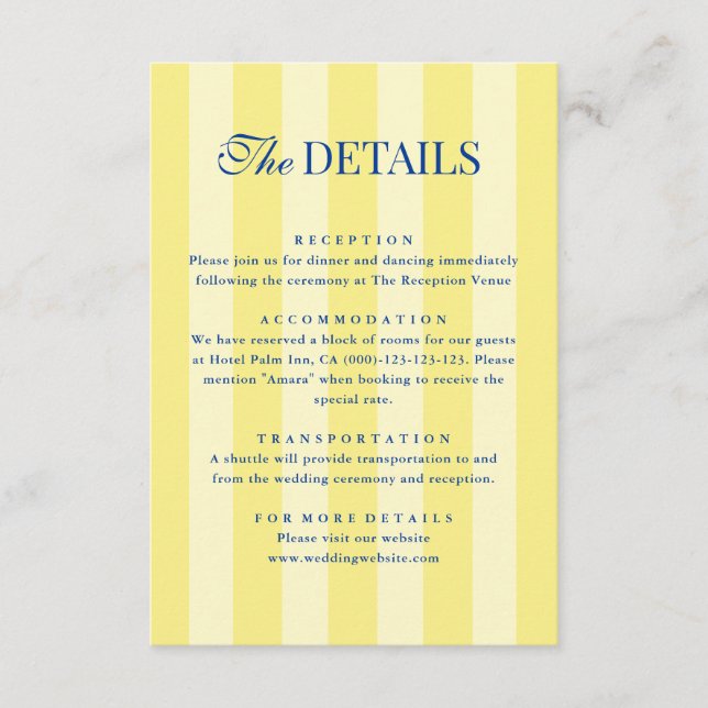 Italian Striped Blue & Yellow Wedding Details Begleitkarte (Vorderseite)