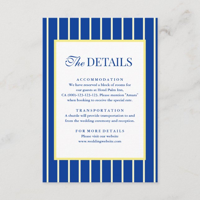 Italian Striped Blue & Yellow Wedding Details Begleitkarte (Vorderseite)