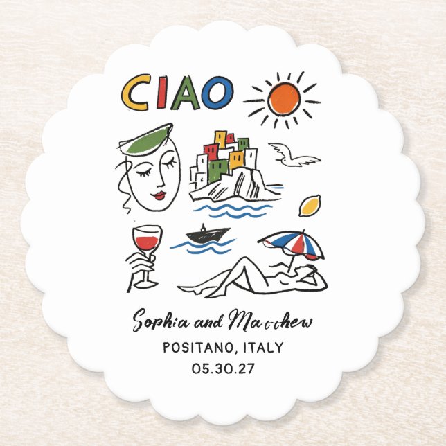 Italian Wedding Hand Drawn Amalfi Coast Modern  Untersetzer (Vorderseite)