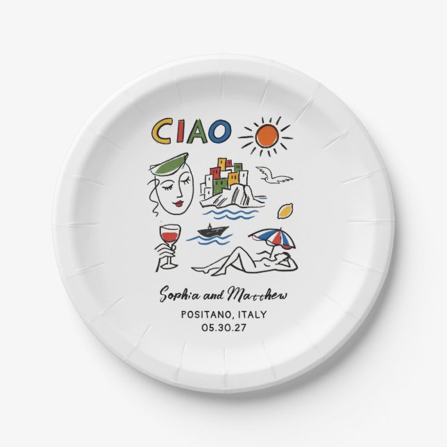Italian Wedding Whimsical Hand Drawn Amalfi Coast  Pappteller (Vorderseite)