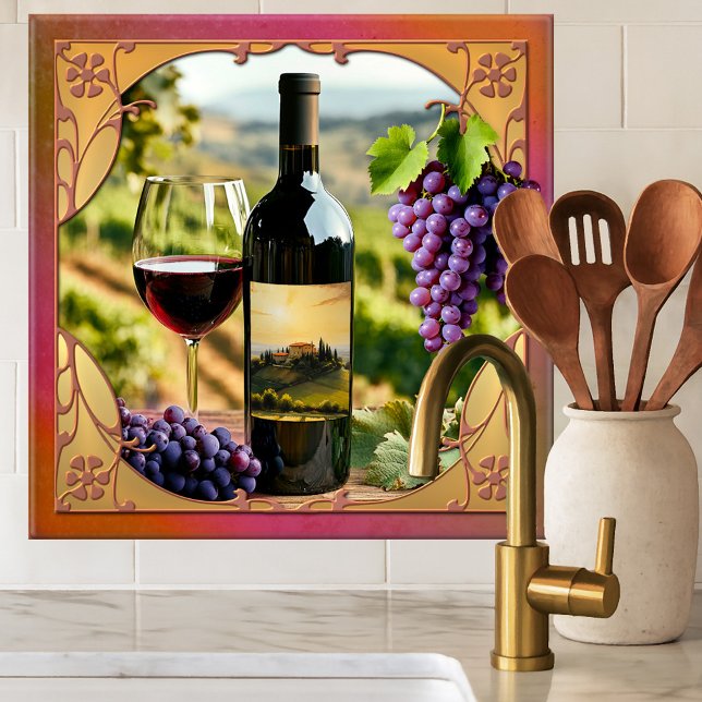 Italian Wine Themed Tuscan Ceramic Tile Fliese (Tile featuring a classic design with a bottle of wine and Italian landscape scenes and grapes)
