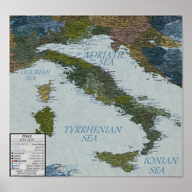 Italien - Anstieg des Meeresspiegels um 100 m Poster (Vorne)
