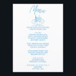 Italien Blauer handgeschriebene, Gezeichnet Medite Menükarte<br><div class="desc">Ein Vintages Retro funky modernes, blau-weiße Hochzeitsmenü. Das Design ist schick, mit weißem Hintergrund und blauer Handschrift. Mit handgezeichnetem Set aus Weinflasche und Gläsern und einem Gericht und einer Gabel. Ein perfekter und passender Rahmen für die ganze Suite.</div>