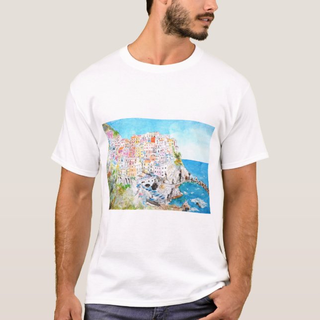 Italien Cinque Terre Aquarellmalerei T-Shirt (Vorderseite)