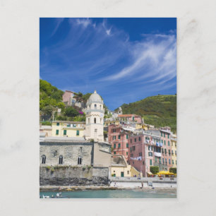 Italien, Cinque Terre, Vernazza, Hafen und Kirche Postkarte