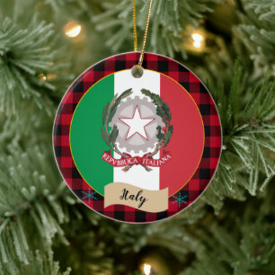 Italien, Roter Büffel, karierte und italienische F Keramik Ornament