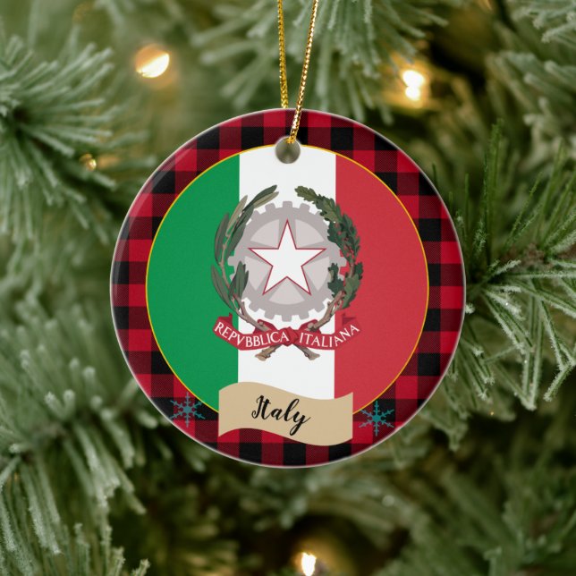 Italien, Roter Büffel, karierte und italienische F Keramik Ornament (Baum)