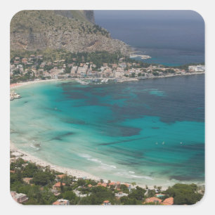 Italien, Sizilien, Mondello, Sicht auf den Strand  Quadratischer Aufkleber