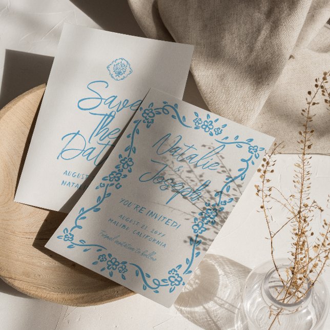 Italien Sky Blue Hand Schriftliche mediterrane Hoc Save The Date (Von Creator hochgeladen)