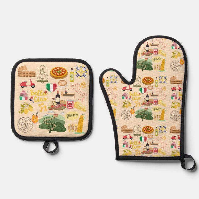 Italien Symbole für Reisende Ofenhandschuh & Topflappen-Set (Vorderseite)