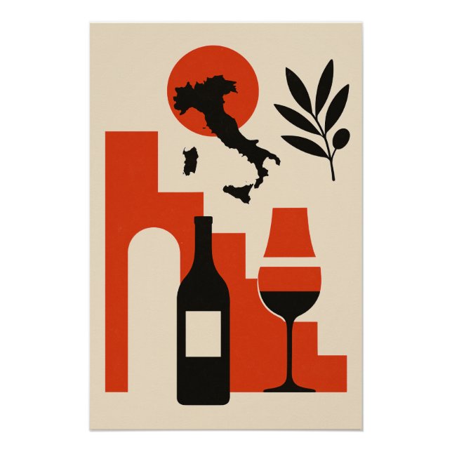 Italien - Wein, Oliven und Sonne stilisiert Poster (Vorderseite)