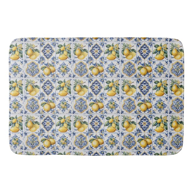 Italienisch Amalfi Blau-Fliesen Zitronen Badematte (Vorderseite)