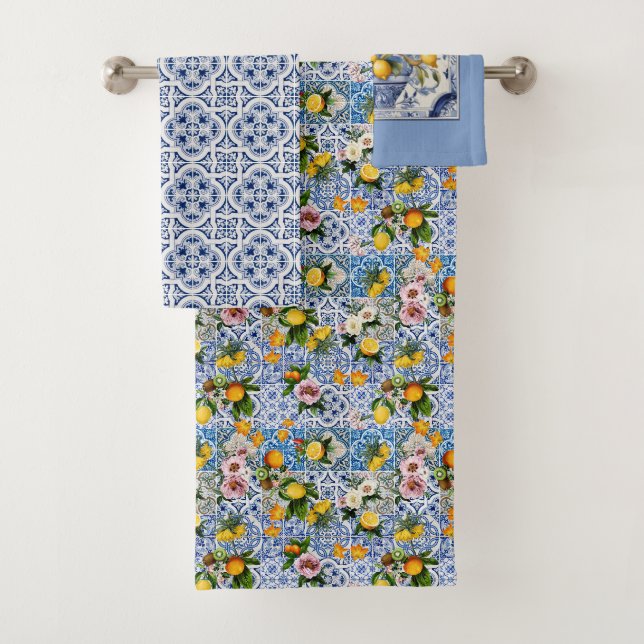 Italienisch Amalfi Blau-Fliesen Zitronen Badhandtuch Set (Insitu)