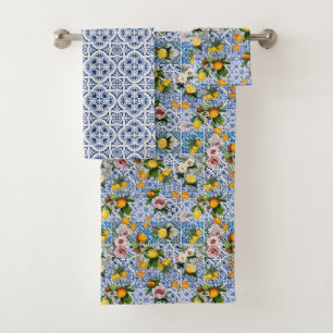 Italienisch Amalfi Blau-Fliesen Zitronen Badhandtuch Set