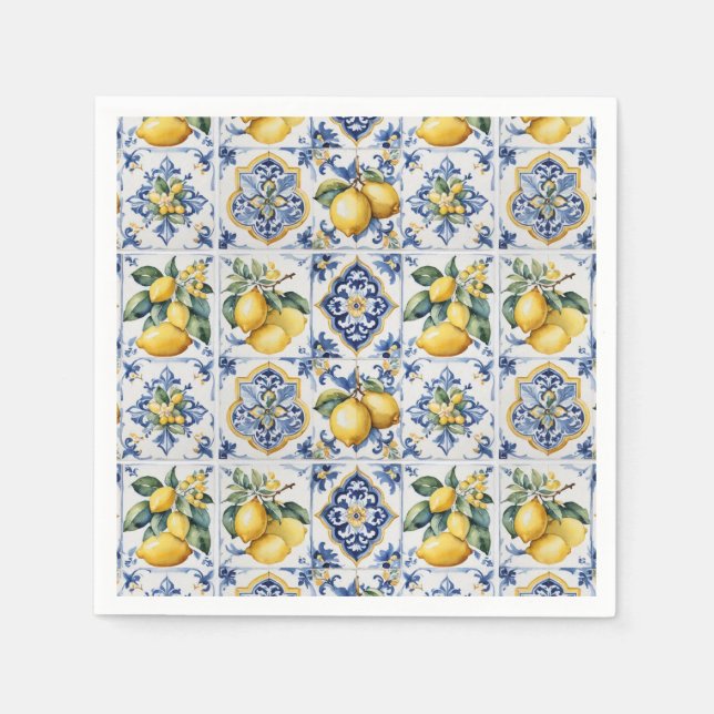 Italienisch Amalfi Blau-Fliesen Zitronen Serviette (Vorderseite)