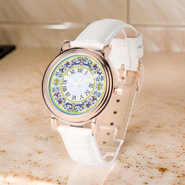 Italienisch Antico Deruta Intricate Blue Floral La Armbanduhr (Zazzle Italian Antico Deruta Intricate Blue Floral Ladies Watch)