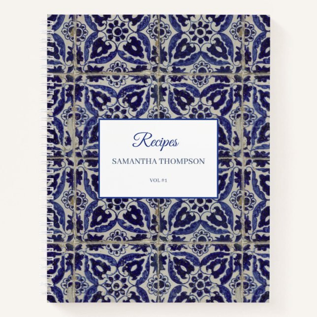 Italienisch Azulejo Blaues geometrisches Rezept Notizbuch (Vorderseite)
