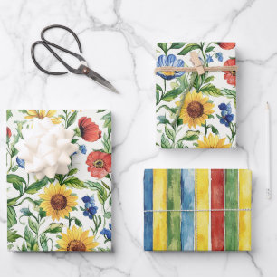 Italienisch Blau Rot Gelb Blumen Streifen Geburtst Geschenkpapier Set