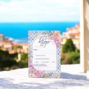 Italienisch blaue Fliesen Aquarell Blütenhochzeit  Einladung