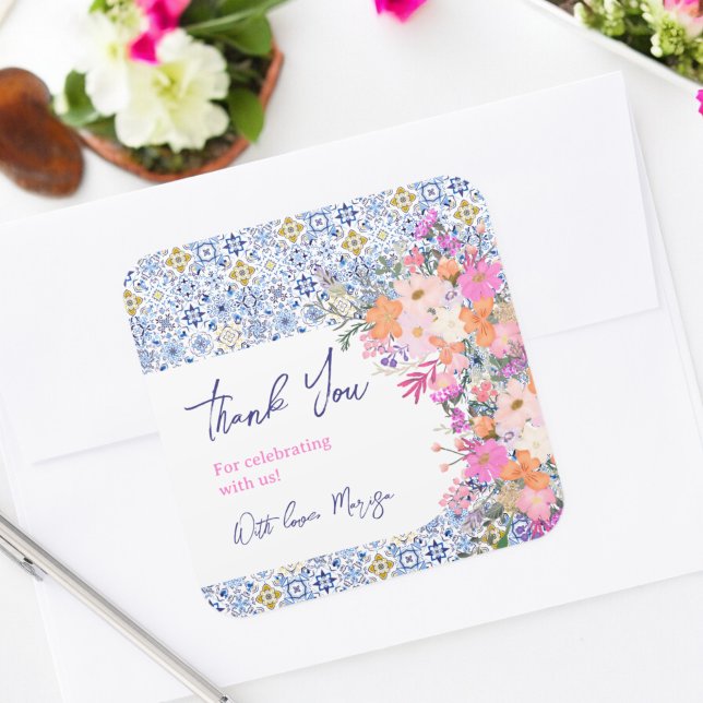 Italienisch blaue Fliesen Blumenmotiv Danke, Baby  Quadratischer Aufkleber (Italian blue tiles floral thank you baby shower square sticker)