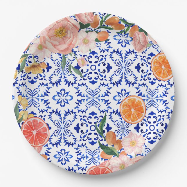 Italienisch-blaue Kacheln Mediterranes Brautparty Pappteller (Vorderseite)