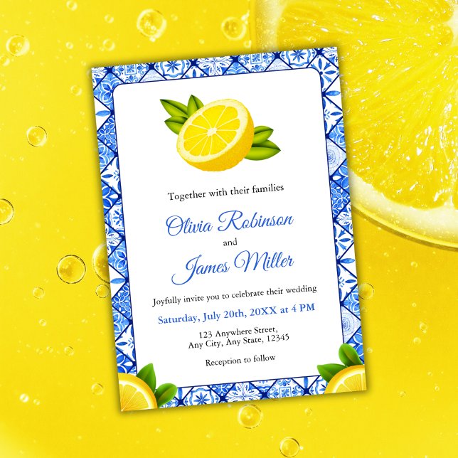 Italienisch-blaue Tile - Lemon Wedding Einladung (Mediterranean Italian Blue Tile - Lemon Wedding Invitation )