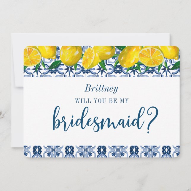 Italienisch Blue Tile Lemon Bridesmaid Vorschlag C Einladung (Vorderseite)